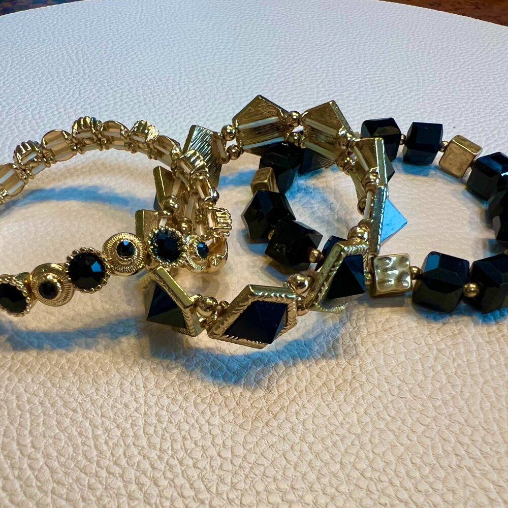 FIRM PRICE! Black and Gold Tone Stretch Bracelet Set (3)